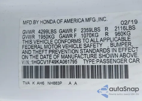 2019 Honda Accord Ex из США, поврежденный, VIN 1HGCV1F49KA061795